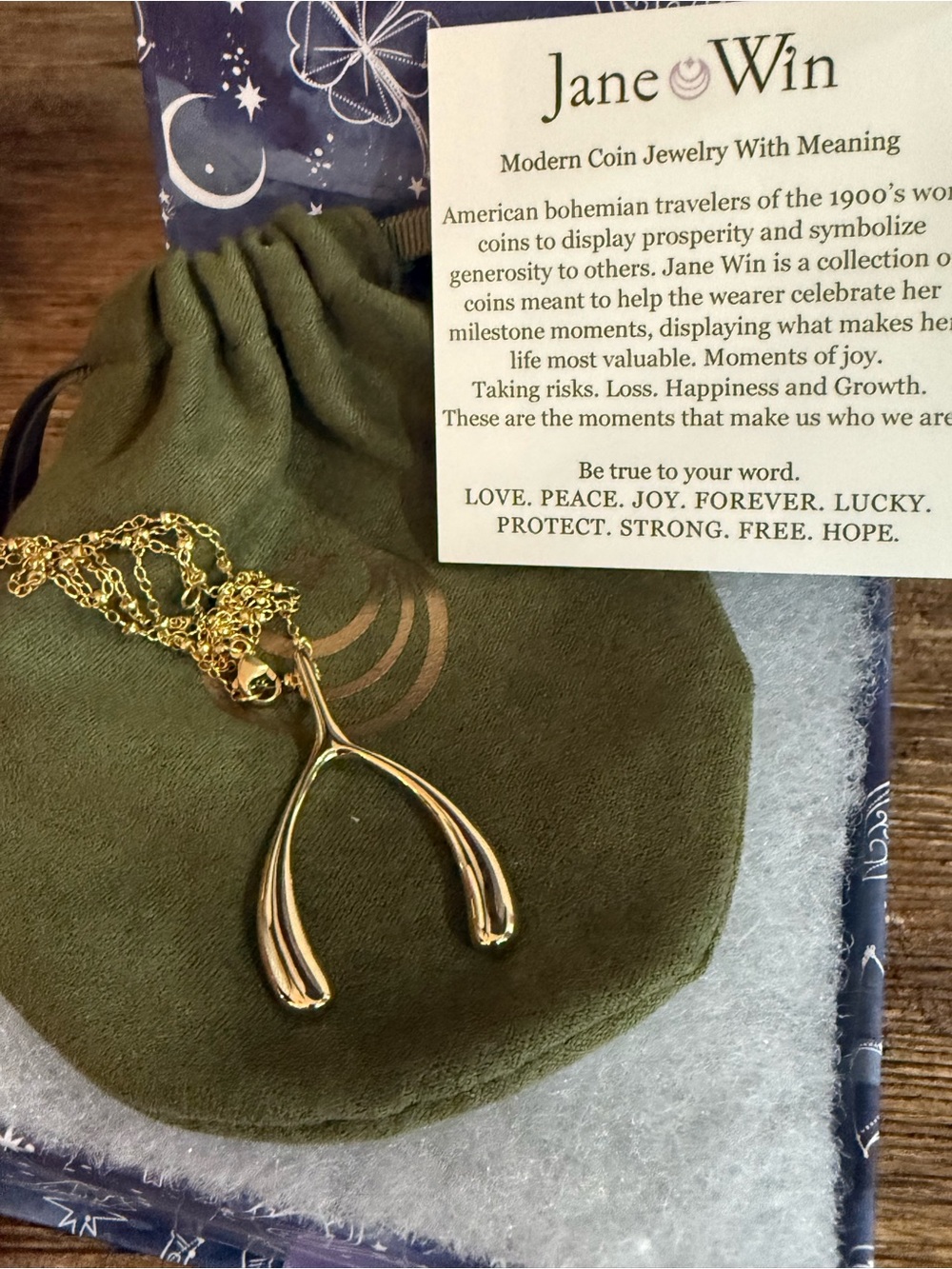 Jane Win Lucky Gold Wishbone Pendant &  16” Necklace pouch & gift box incl